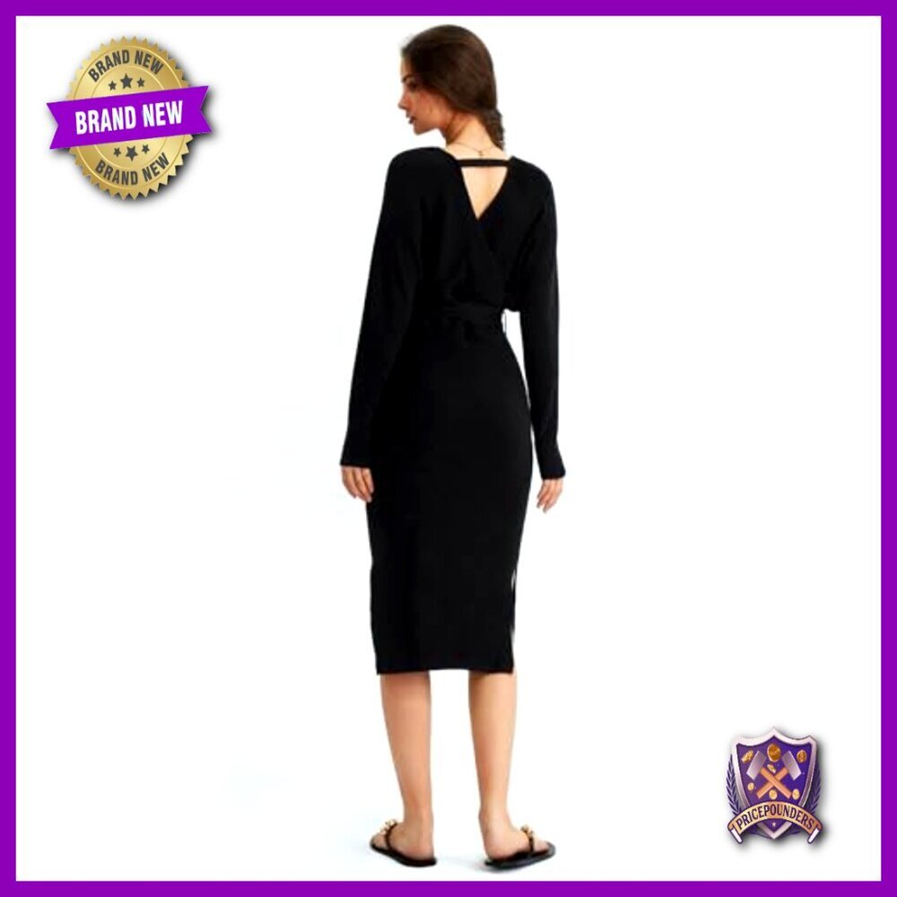 V-Neck Batwing Sleeve Backless Bodycon Midi Dress with Belt - Picture 3 of 7